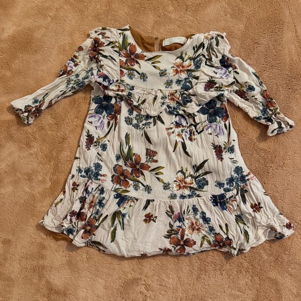 Zara Kids Floral Ruffle Dress Size 5 110cm Long Sleeve Cream Rust Blue Tiered